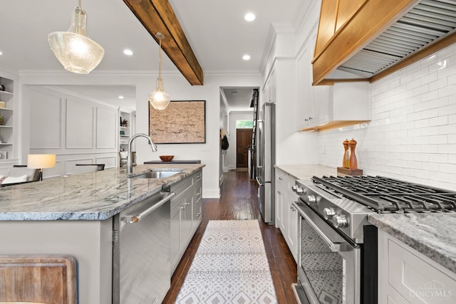 kitchen featuring appliances with stainless steel finishes, a sink, exhaust hood, open shelves, and white cabinets