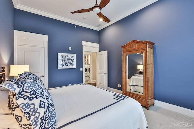 carpeted bedroom with ornamental molding, baseboards, and ceiling fan