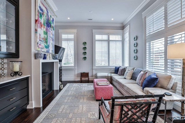 living area featuring dark wood-style floors and ornamental molding