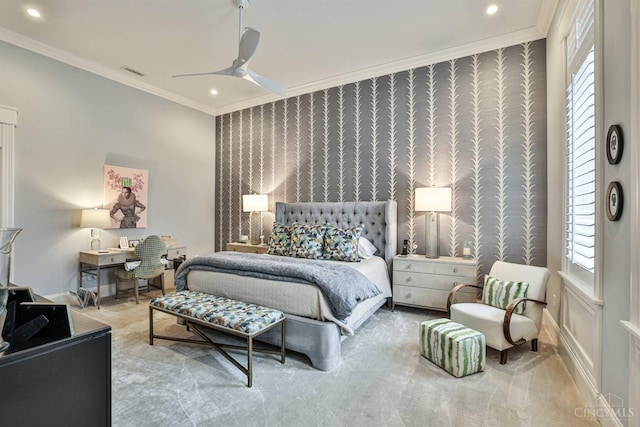 bedroom featuring wallpapered walls, crown molding, an office area, multiple windows, and recessed lighting