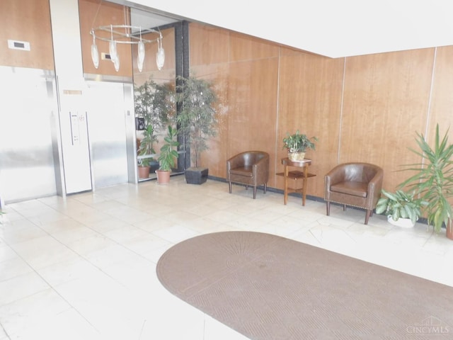 community lobby with wood walls