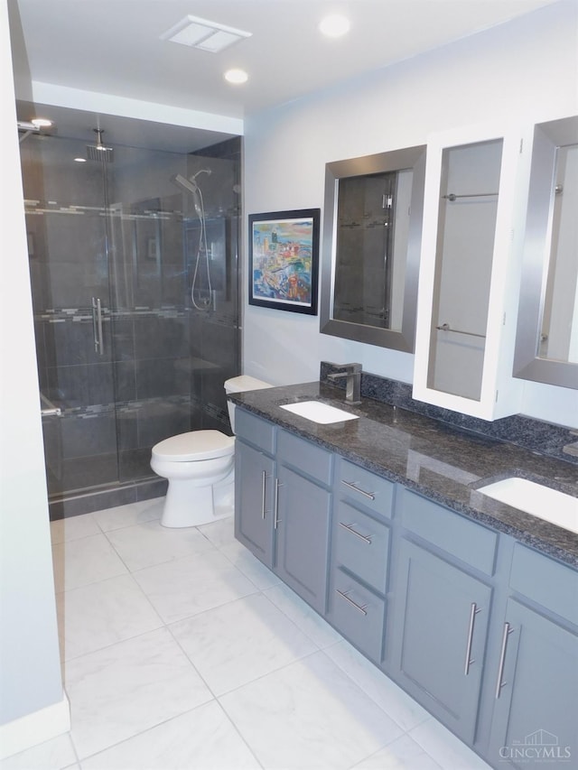 full bath featuring a shower stall, double vanity, toilet, tile patterned floors, and recessed lighting