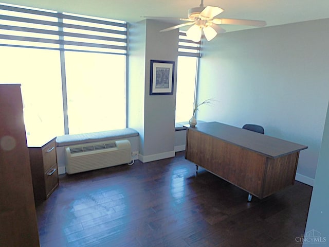 office with a ceiling fan, wood finished floors, and baseboards
