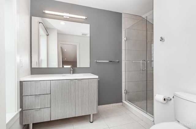 full bathroom with a shower stall, toilet, tile patterned floors, and vanity