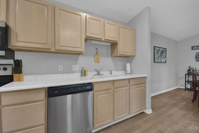 1740 Piper Ln Unit 206, Centerville, OH 45440 - kitchen featuring dishwasher, light brown cabinets, a sink, wood finished floors, and light countertops