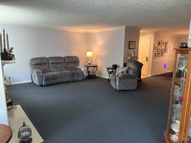carpeted living room featuring crown molding, baseboards, and a textured ceiling