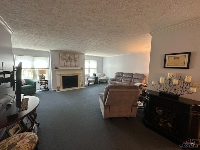 living area featuring carpet floors, ornamental molding, a fireplace with flush hearth, and a textured ceiling