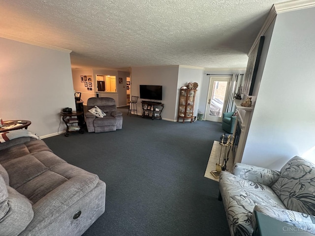 living room with crown molding, a textured ceiling, carpet floors, and baseboards