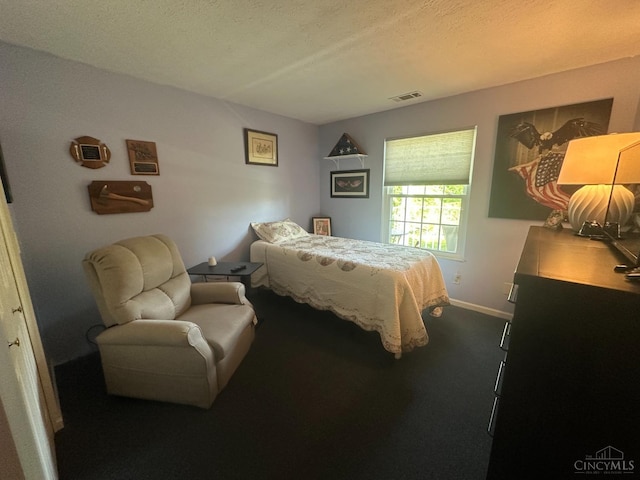 bedroom with carpet floors, baseboards, and a textured ceiling