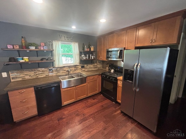 kitchen featuring black appliances, a sink, open shelves, backsplash, and dark wood-type flooring