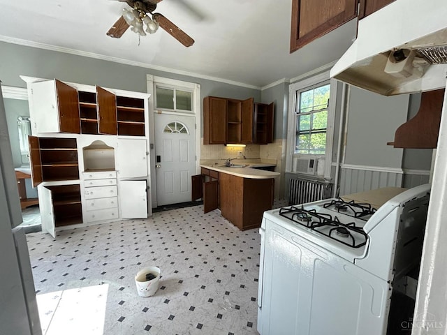 kitchen featuring gas range gas stove, radiator heating unit, ornamental molding, ceiling fan, and under cabinet range hood