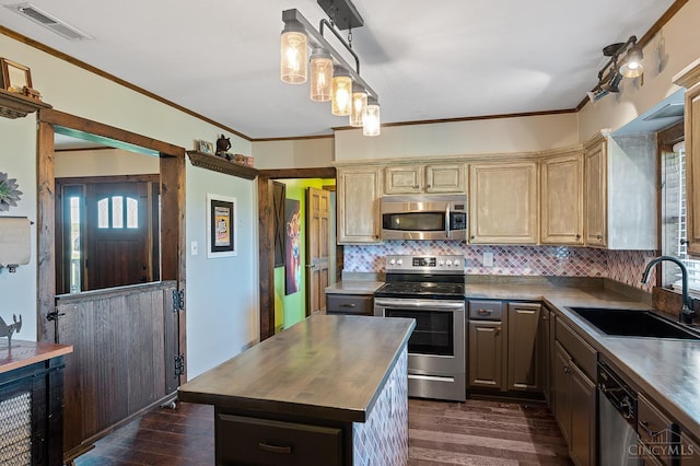 6241 Marathon Edenton Rd, Wayne Twp, OH 45107 - kitchen with appliances with stainless steel finishes, wood counters, dark wood finished floors, tasteful backsplash, and crown molding