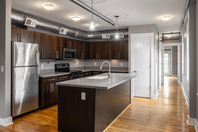 kitchen featuring appliances with stainless steel finishes, a sink, dark brown cabinets, and light wood finished floors