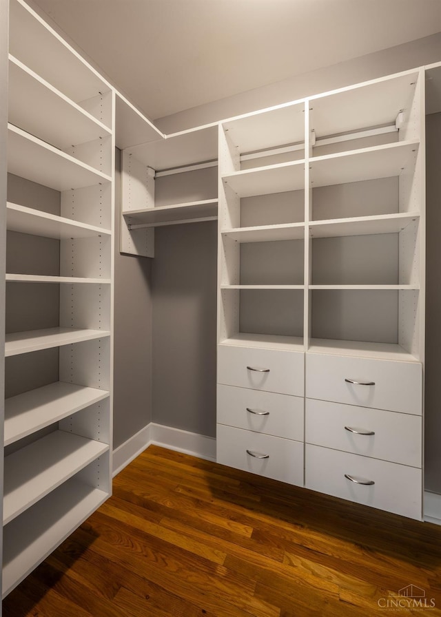 walk in closet with dark wood-type flooring