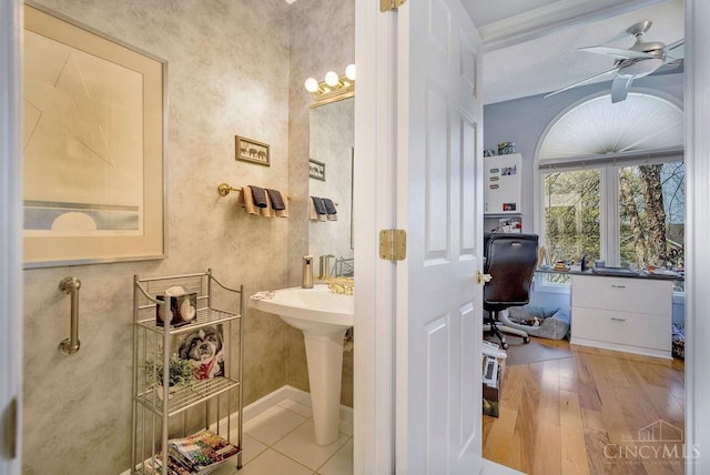 1668 Nichole Ct, Hamilton, OH 45013 - bathroom with wood-type flooring, ceiling fan, and a sink