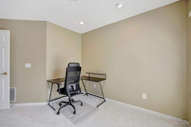 office featuring carpet floors, baseboards, and recessed lighting