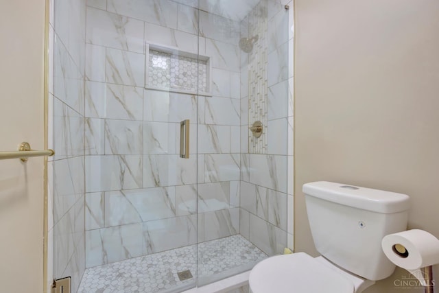 full bathroom with toilet and a shower stall