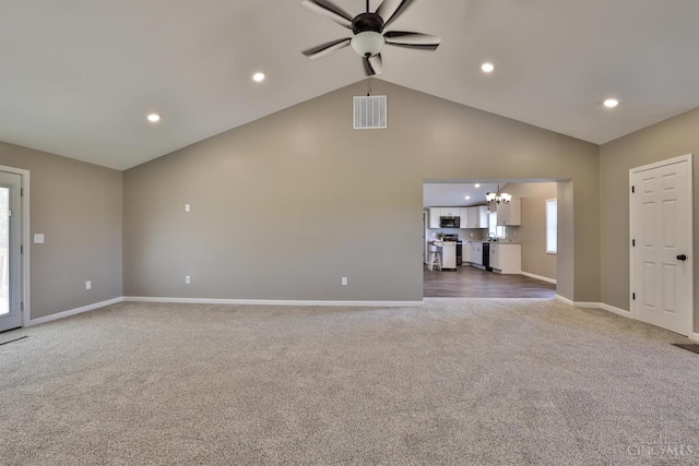 640 Frye Rd, Clay Twp, OH 45171 - unfurnished living room featuring carpet floors, a chandelier, a ceiling fan, baseboards, and recessed lighting