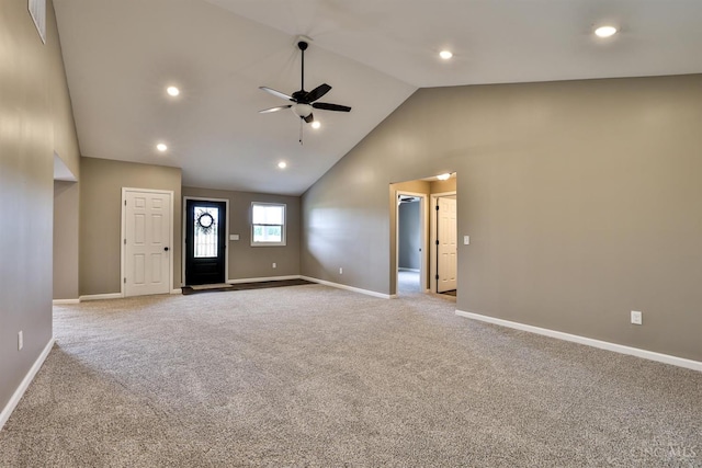 640 Frye Rd, Clay Twp, OH 45171 - unfurnished living room with a ceiling fan, carpet floors, baseboards, high vaulted ceiling, and recessed lighting