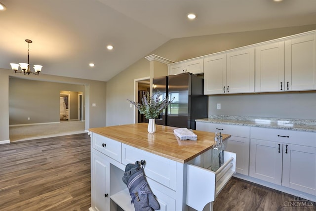 640 Frye Rd, Clay Twp, OH 45171 - kitchen with freestanding refrigerator, lofted ceiling, white cabinets, a chandelier, and dark wood-style flooring