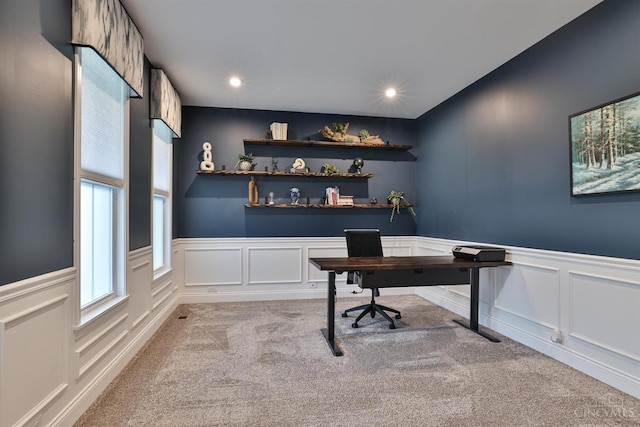 7690 Wharton Ct, West Chester, OH 45069 - home office featuring a wainscoted wall, a decorative wall, light carpet, and recessed lighting