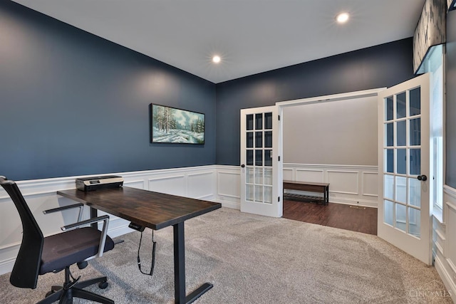 7690 Wharton Ct, West Chester, OH 45069 - carpeted office space featuring french doors, a decorative wall, recessed lighting, and a wainscoted wall