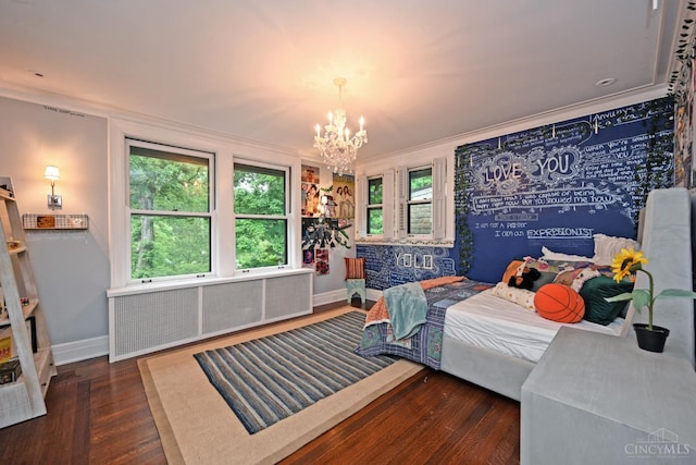 1 Beech Crest Ln, Cincinnati, OH 45206 - bedroom with a chandelier, wood finished floors, baseboards, radiator heating unit, and crown molding