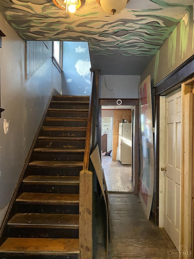 stairway with wood finished floors