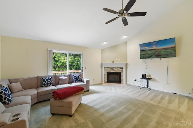 5 Waterview Ct, Hamilton, OH 45013 - living area featuring lofted ceiling, carpet flooring, a ceiling fan, a stone fireplace, and baseboards