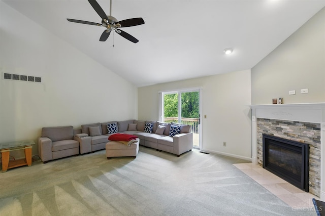 5 Waterview Ct, Hamilton, OH 45013 - living area with carpet floors, a ceiling fan, high vaulted ceiling, a fireplace, and baseboards