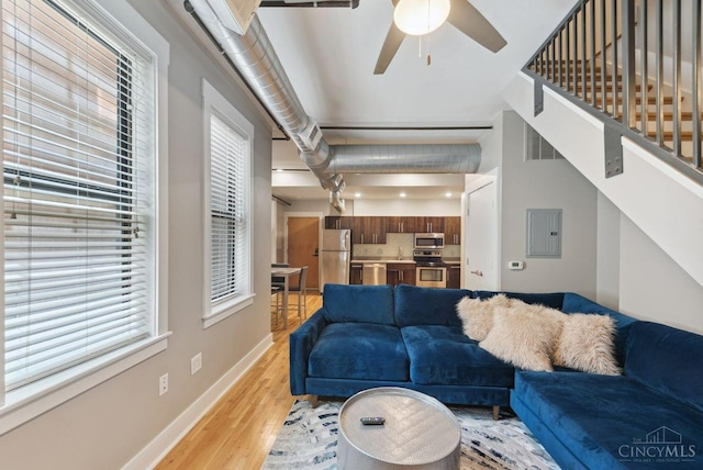1406 Republic St Unit 102, Cincinnati, OH 45202 - living area with light wood-type flooring, electric panel, a ceiling fan, and baseboards
