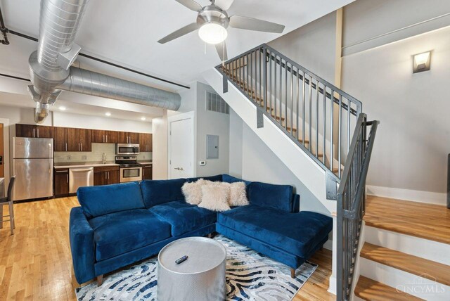 1406 Republic St Unit 102, Cincinnati, OH 45202 - living room with ceiling fan, light wood-type flooring, stairway, and electric panel