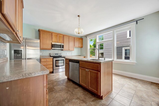4604 Simpson Ave, Cincinnati, OH 45227 - kitchen with stainless steel appliances, a sink, tasteful backsplash, a chandelier, and pendant lighting