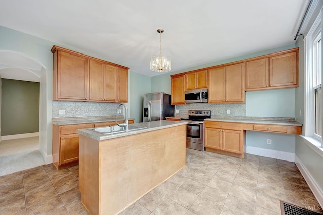 4604 Simpson Ave, Cincinnati, OH 45227 - kitchen with appliances with stainless steel finishes, a sink, tasteful backsplash, a chandelier, and light countertops