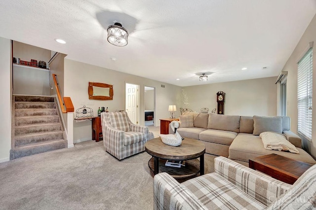 living room with light carpet, stairway, recessed lighting, and baseboards