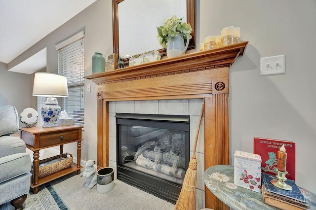 detailed view of a fireplace and carpet floors