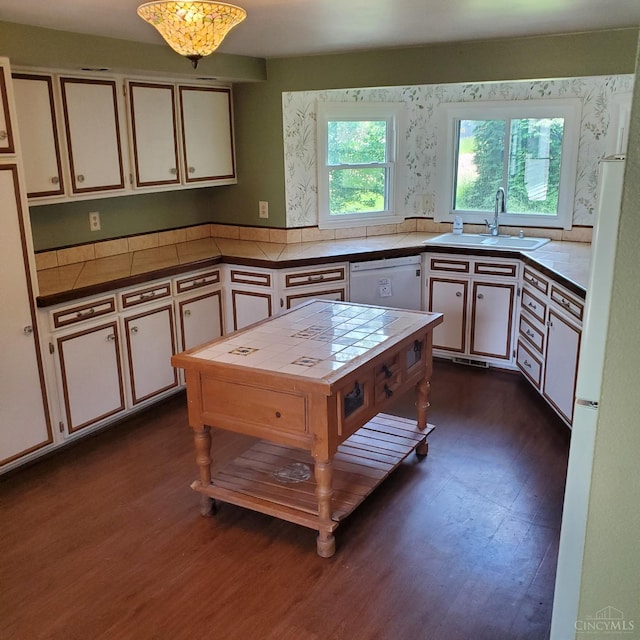 10595 Cozaddale Murdock St, Hamilton Twp, OH 45122 - kitchen featuring a sink, white appliances, tile countertops, and dark wood-style floors