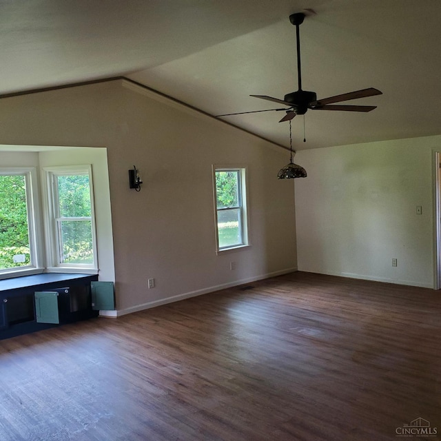 10595 Cozaddale Murdock St, Hamilton Twp, OH 45122 - unfurnished room featuring vaulted ceiling, a ceiling fan, wood finished floors, and baseboards
