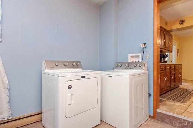 washroom featuring washing machine and clothes dryer and a baseboard radiator