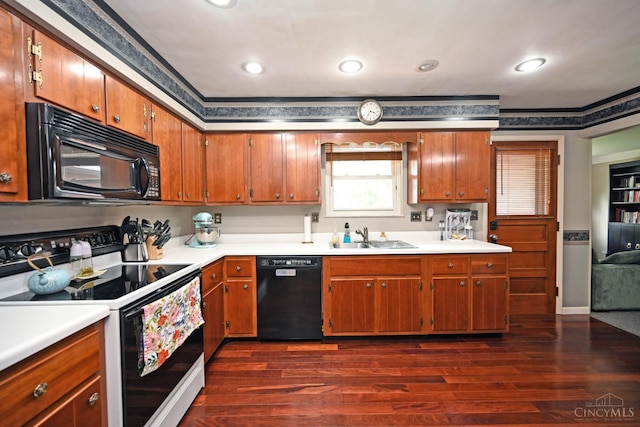 5638 Victoryview Ln, Delhi Twp, OH 45233 - kitchen featuring black appliances, a sink, dark wood-type flooring, brown cabinetry, and light countertops