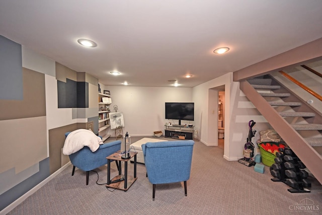 5638 Victoryview Ln, Delhi Twp, OH 45233 - carpeted living room featuring recessed lighting, baseboards, and stairs