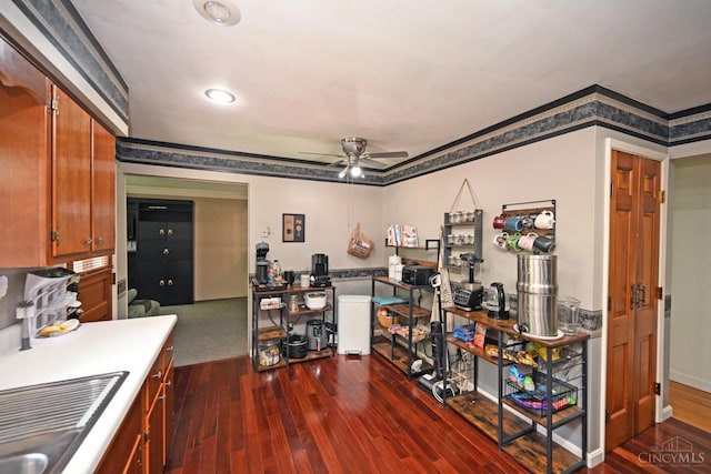 5638 Victoryview Ln, Delhi Twp, OH 45233 - interior space with a ceiling fan, dark wood finished floors, and ornamental molding