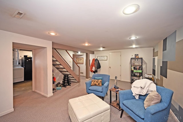 5638 Victoryview Ln, Delhi Twp, OH 45233 - living area featuring washer / dryer, stairway, carpet, baseboards, and recessed lighting
