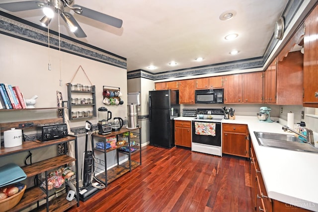 5638 Victoryview Ln, Delhi Twp, OH 45233 - kitchen with black appliances, brown cabinets, a ceiling fan, light countertops, and dark wood finished floors