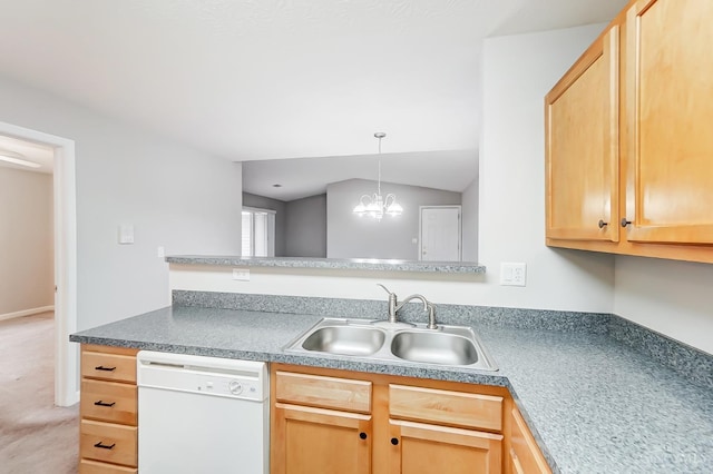 10350 W Rd Unit 34, Harrison, OH 45030 - kitchen featuring white dishwasher, a sink, a chandelier, and light brown cabinetry