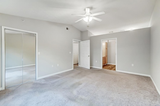 10350 W Rd Unit 34, Harrison, OH 45030 - unfurnished bedroom with carpet, lofted ceiling, baseboards, ensuite bath, and ceiling fan