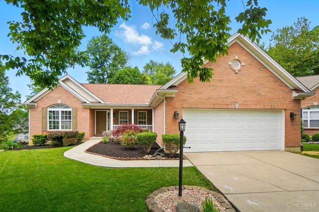 7785 Dew Drop Cir, Hamilton Twp, OH 45039 - ranch-style home featuring brick siding, a porch, a front yard, concrete driveway, and a garage