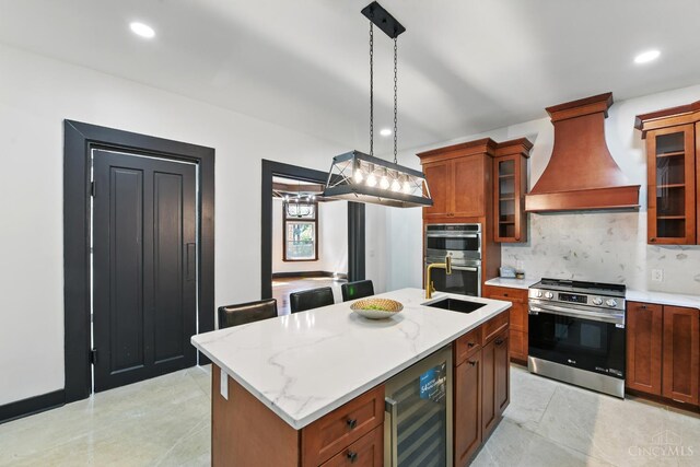 752 S Fred Shuttlesworth Cir, Cincinnati, OH 45229 - kitchen featuring wine cooler, stainless steel appliances, custom range hood, a sink, and tasteful backsplash