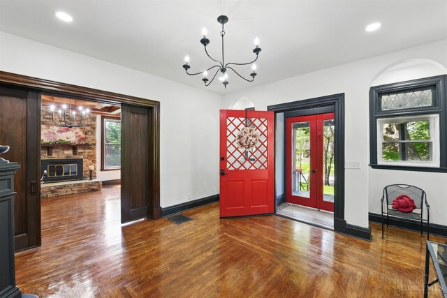 752 S Fred Shuttlesworth Cir, Cincinnati, OH 45229 - foyer entrance with a chandelier, wood finished floors, baseboards, french doors, and recessed lighting
