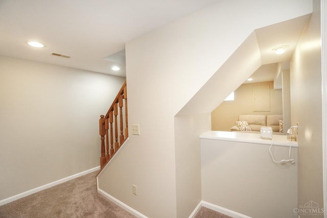 5509 Windmere Dr, Green Twp, OH 45248 - staircase featuring recessed lighting, carpet floors, and baseboards